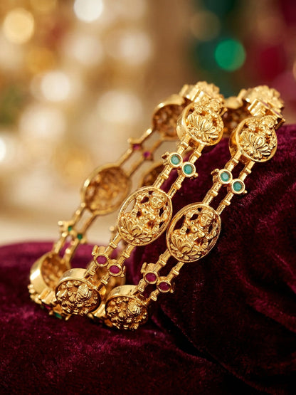 Gold-Plated Laxmi Ji Temple Bangle with Pink & Green Stones (598-C1BG-2195-2)