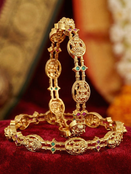 Gold-Plated Laxmi Ji Temple Bangle with Pink & Green Stones (598-C1BG-2195-2)
