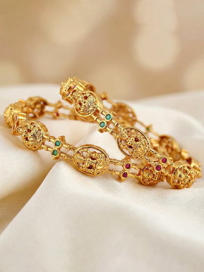 Gold-Plated Laxmi Ji Temple Bangle with Pink & Green Stones (598-C1BG-2195-2)
