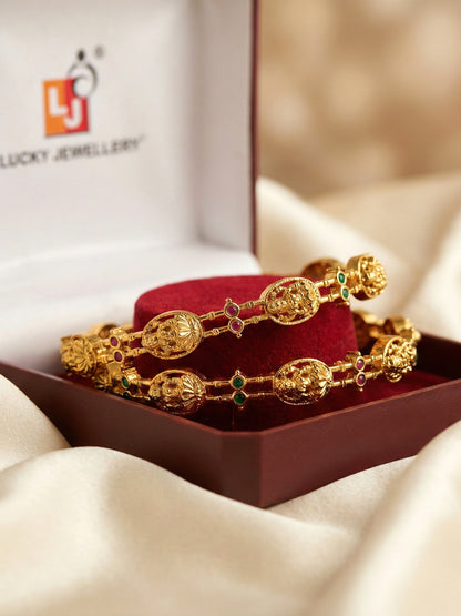 Gold-Plated Laxmi Ji Temple Bangle with Pink & Green Stones (598-C1BG-2195-2)