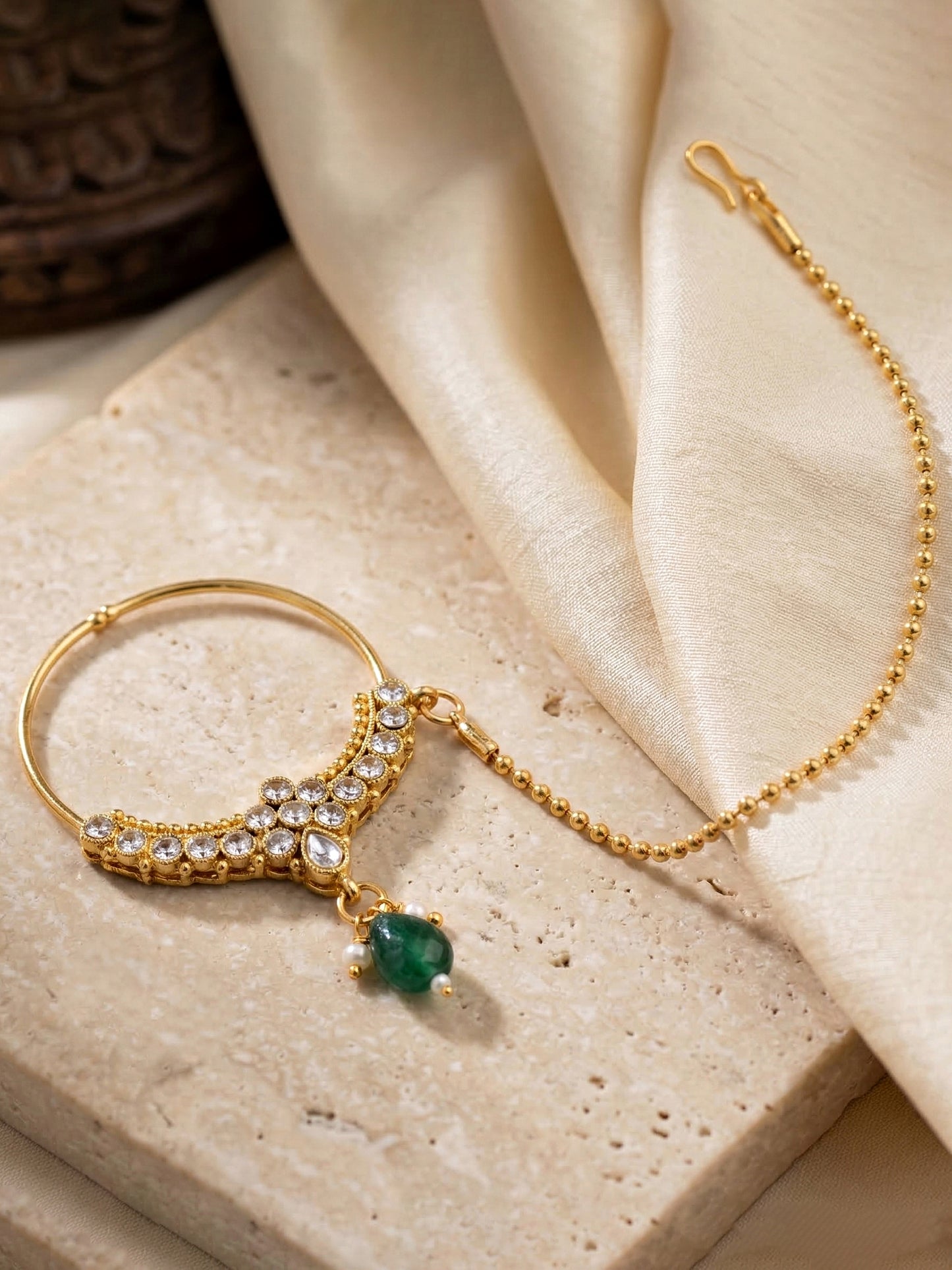 Bridal AD Green Stone Heavy Choker Jewellery Set with Jhumka & Nath (3300-M8ZK-1102-G)