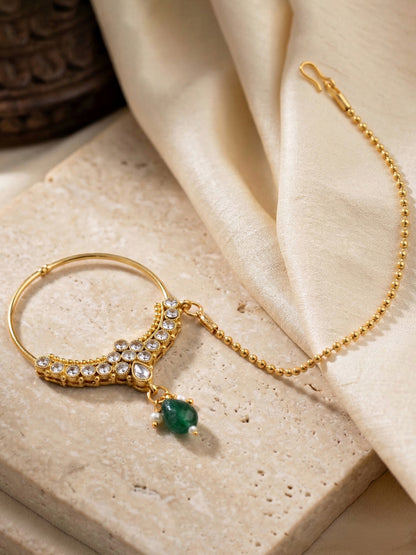 Bridal AD Green Stone Heavy Choker Jewellery Set with Jhumka & Nath (3300-M8ZK-1102-G)