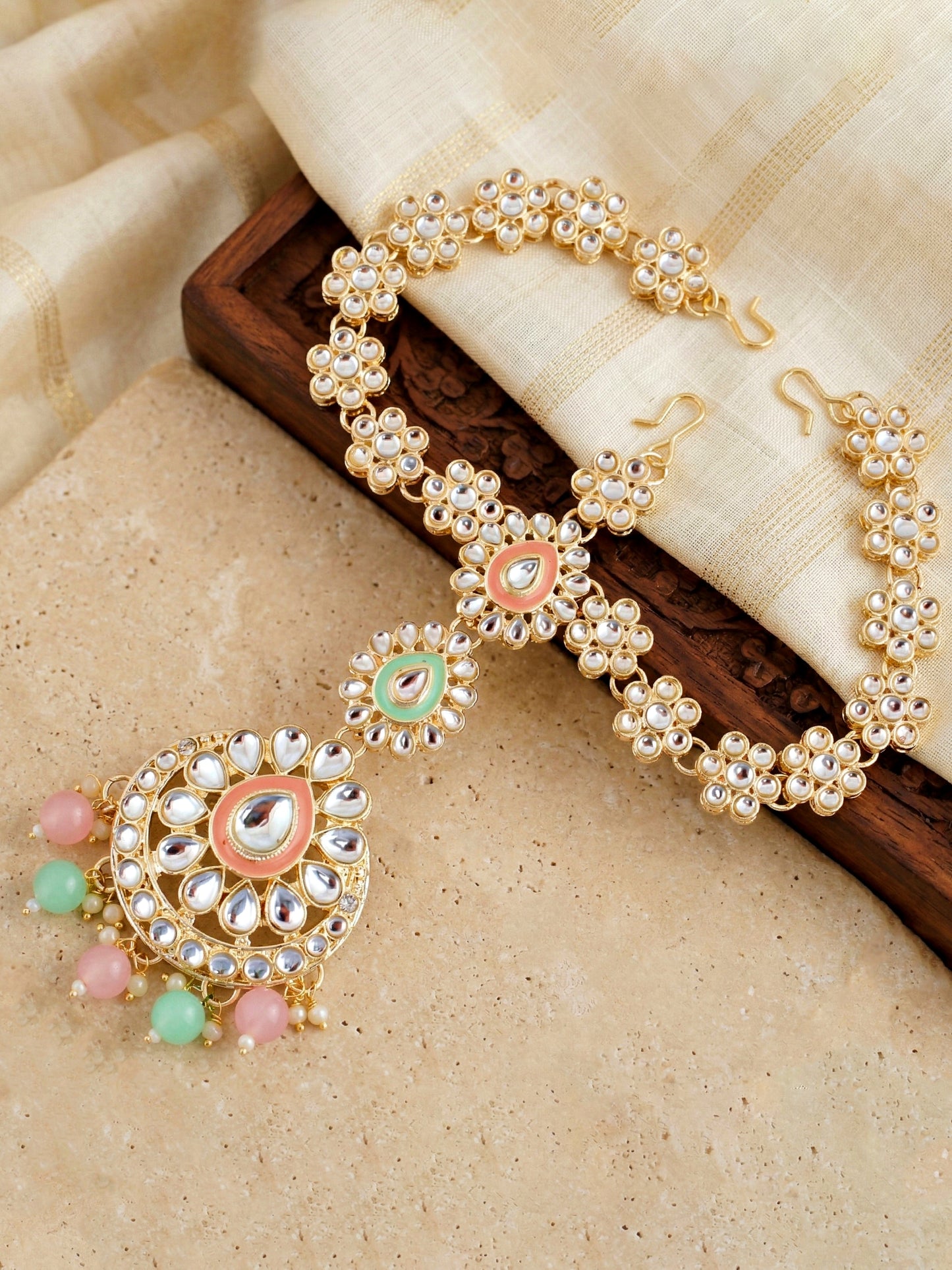 Bridal Kundan Pink Mint Multicolor Heavy Choker Jewellery Set with Hathphool & Nath (2640-IZK-551-PKMNT)