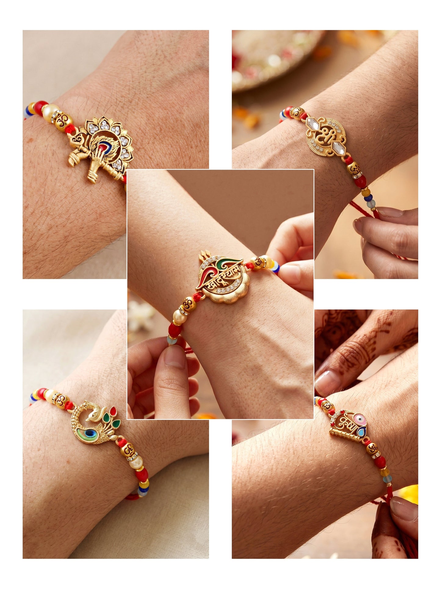 Lucky Jewellery Set of 10 Designer Rakhi for Brother | Golden Om, Krishna & Ganesha Beaded Threads with Roli, Chawal & Card (720-S5R1-2304-10)