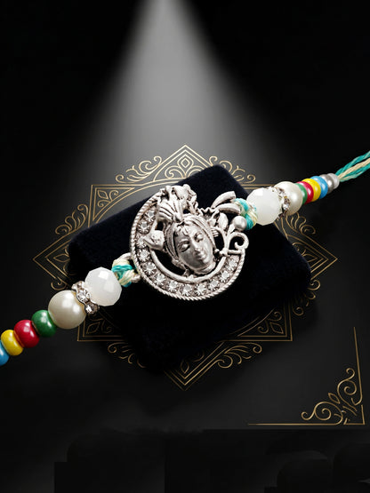 Silver-Tone Bal Gopal Krishna Rakhi for Brother | Beaded Rakhi Set With Roli Chawal & Greeting Card (102-S5R1-AR3007)