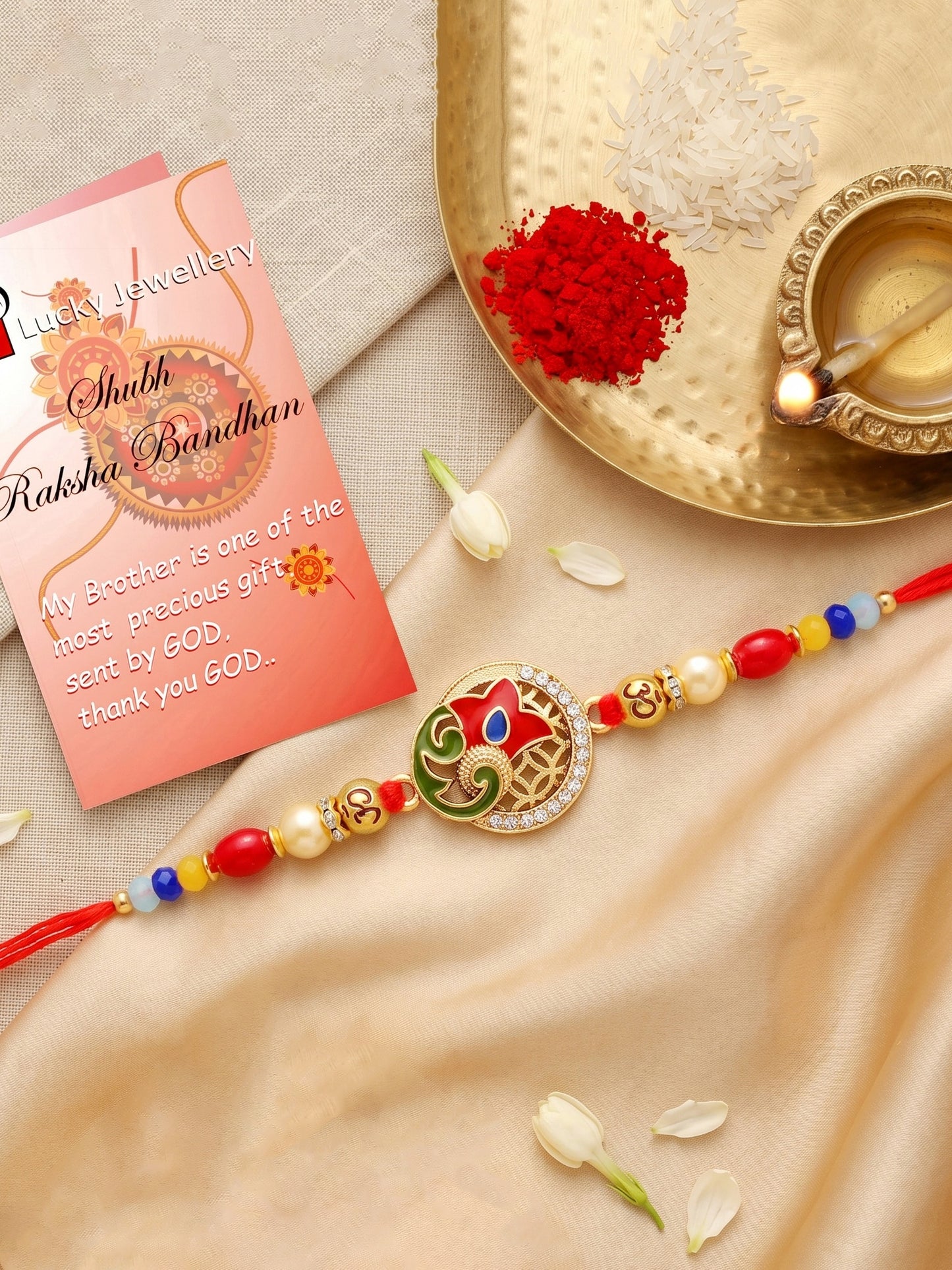 Designer Floral Enamel Multicolour Beaded Rakhi For Brother With Roli Chawal & Card (72-S5R1-AR2919)