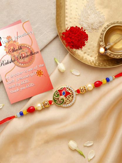 Designer Floral Enamel Multicolour Beaded Rakhi For Brother With Roli Chawal & Card (72-S5R1-AR2919)