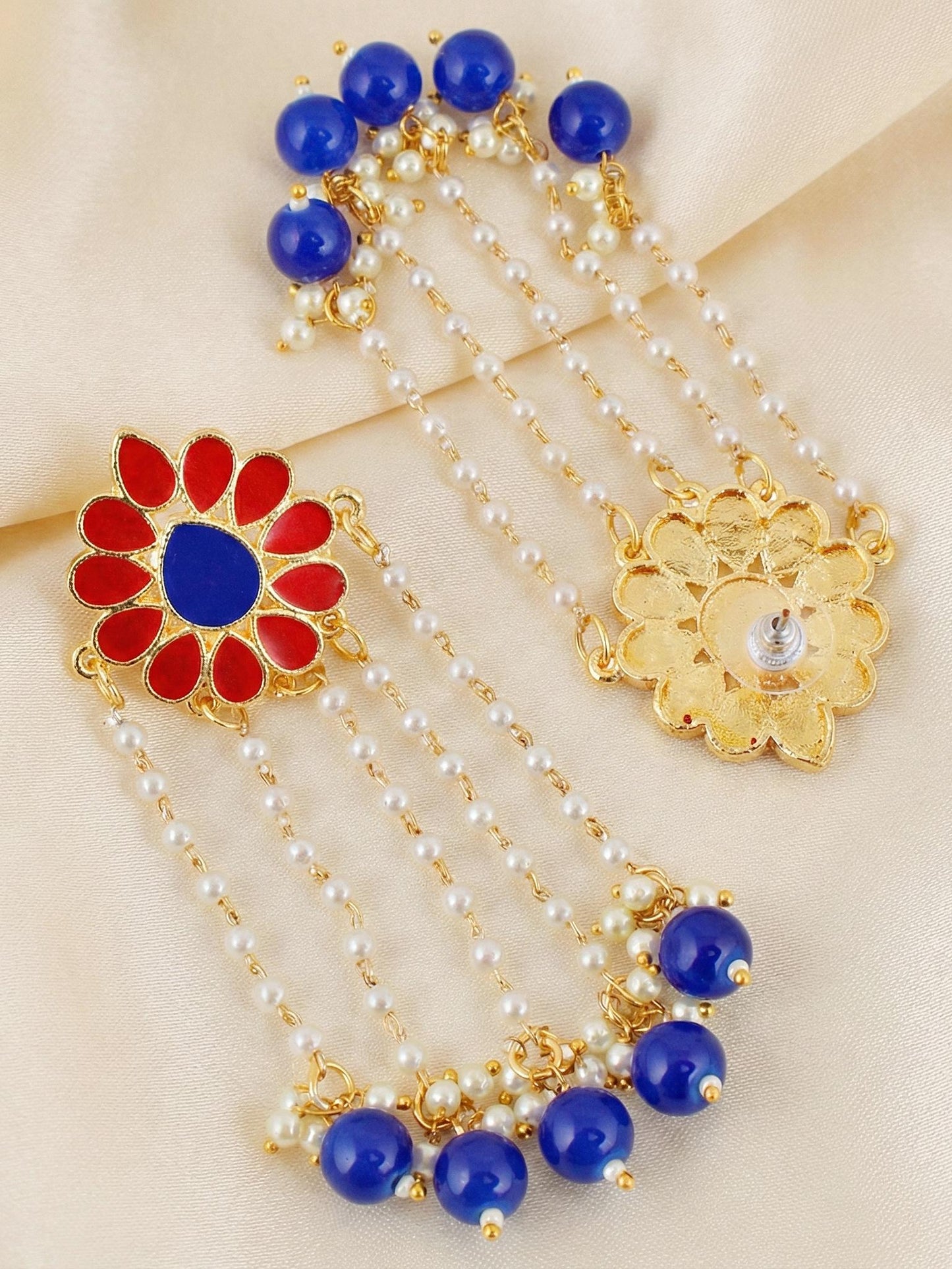 Gold-Plated Magenta Enamel Floral Earrings with Moti Layers &  Blue Beads Earring For Girls & Women (354-KEO-13113-RB)