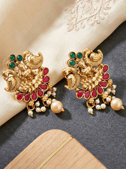 Lucky Jewellery Gold-Plated Laxmi Idol Temple Ruby & Green Color Necklace Set (660-G2SR-202-RG)