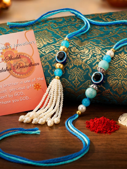Set of 2 Bhaiya Bhabhi Evil Eye Rakhi Set with Blue & White Beads, Lumba Tassel, Roli Chawal & Card (72-J5R1-1992-EE-2-2026)