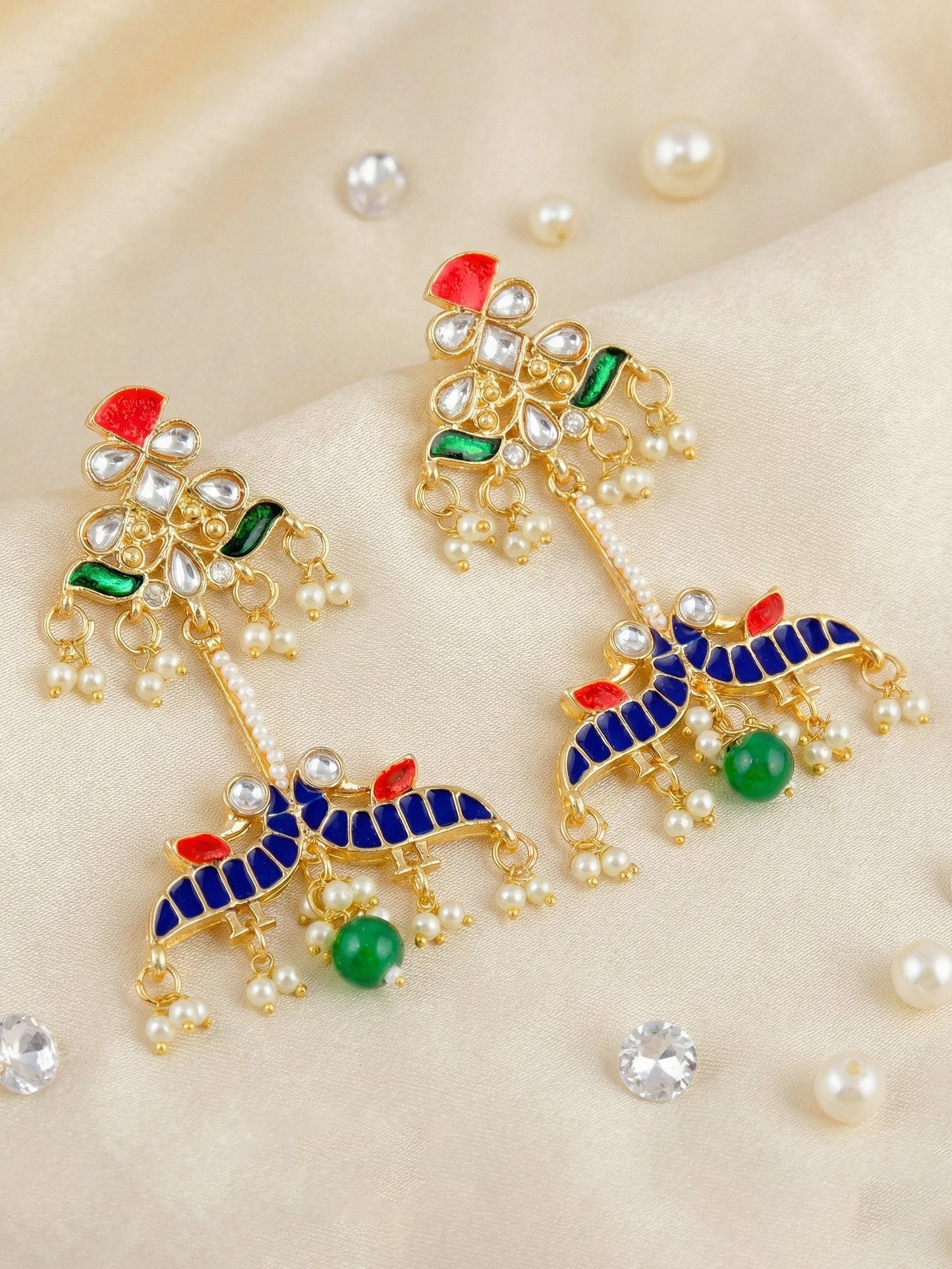 LUCKY JEWELLERY Gold Plated Enamel Peacock Design multicolor with Green Beads Earring For Girls & Women | Kashmiri Style Earing Set | Birthday Gift Earrings Valentine Anniversary