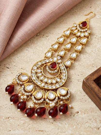 Bridal AD Maroon Stone Heavy Choker Jewellery Set with Sheesh Patti, Nath & Jhumka (3300-M8ZK-1106-M)