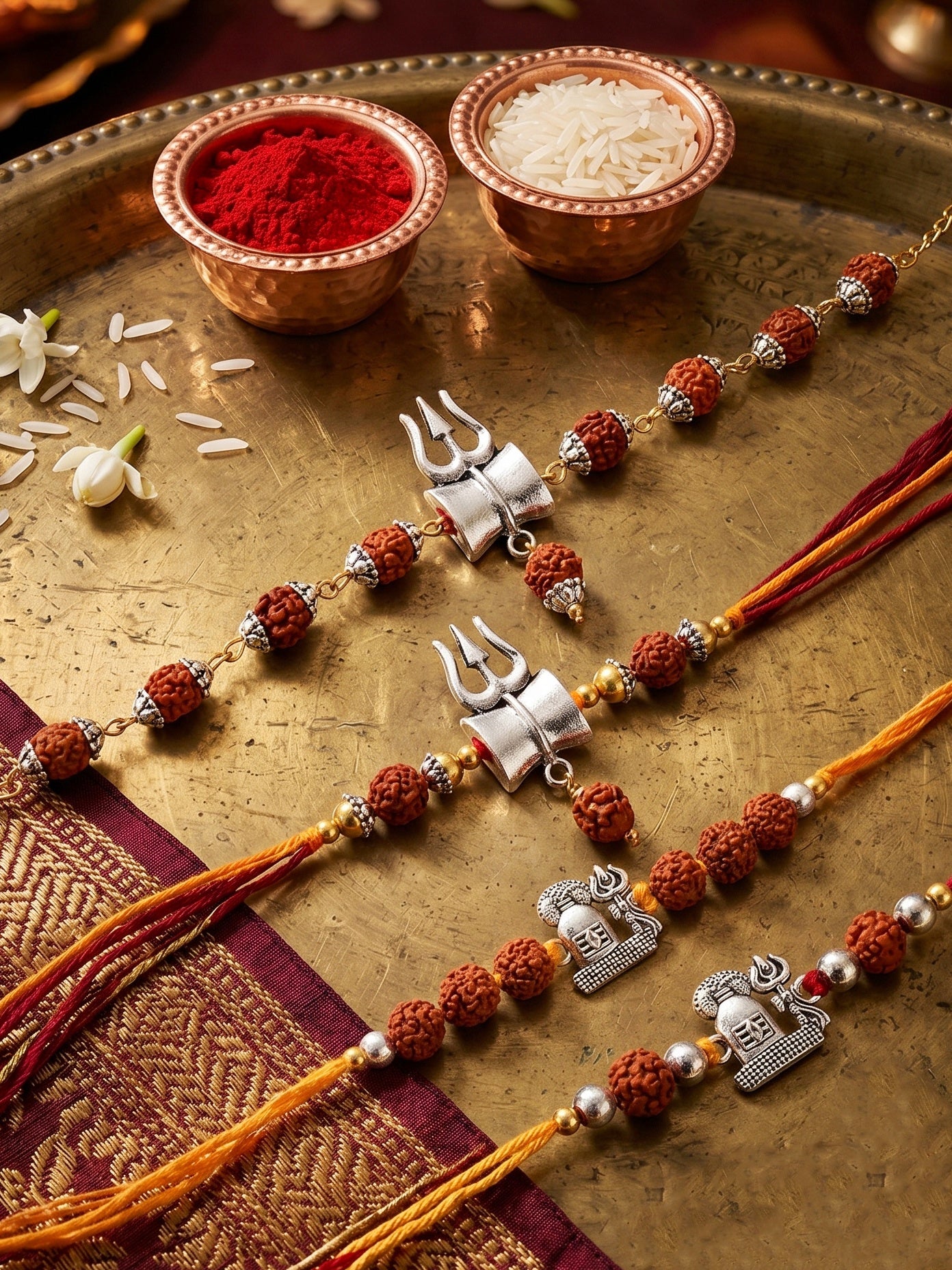 Set of 4 Rakhi with Trishul & Shivling Pendants, Rudraksha Beads, Roli Chawal & Card (220-CHR1-196372-4-2026)