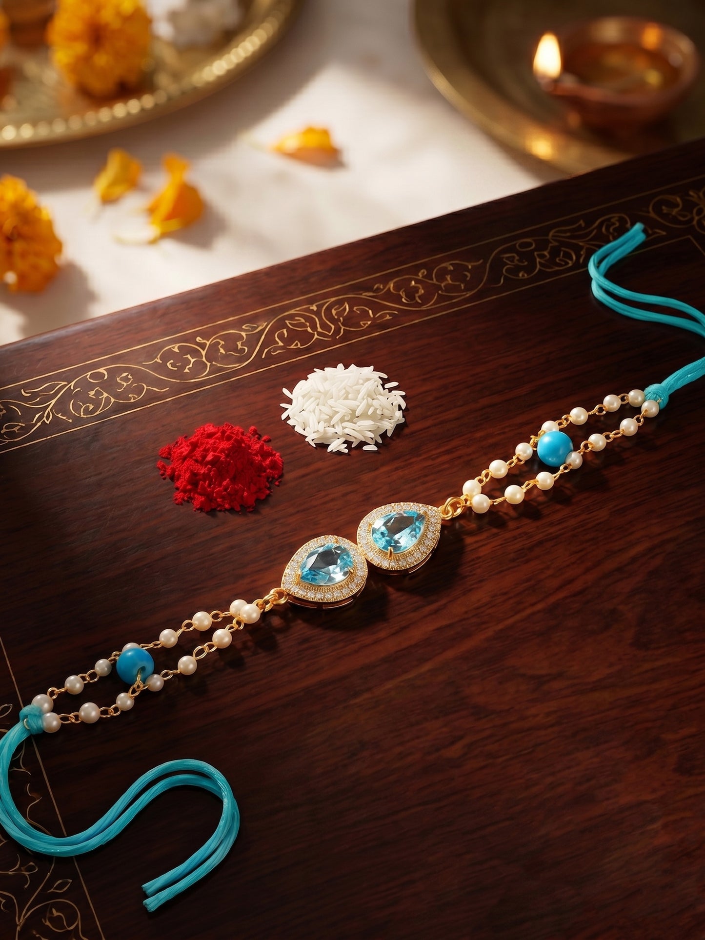 Adjustable Rakhi Bracelet with Blue drop AD Pendant, Turquoise & White Beads on Double Chain (200-CHB2-1279-F-2026)