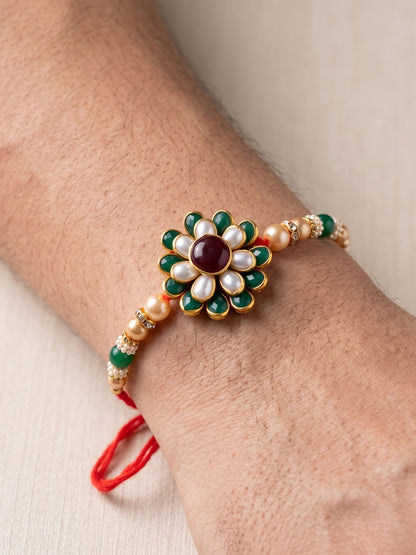 Set of 2 Bhaiya Bhabhi Rakhi Set with Floral Pendant, Maroon Stones & Beads, Tassel Lumba (173-JPCR1-1858-MG-2-2026)