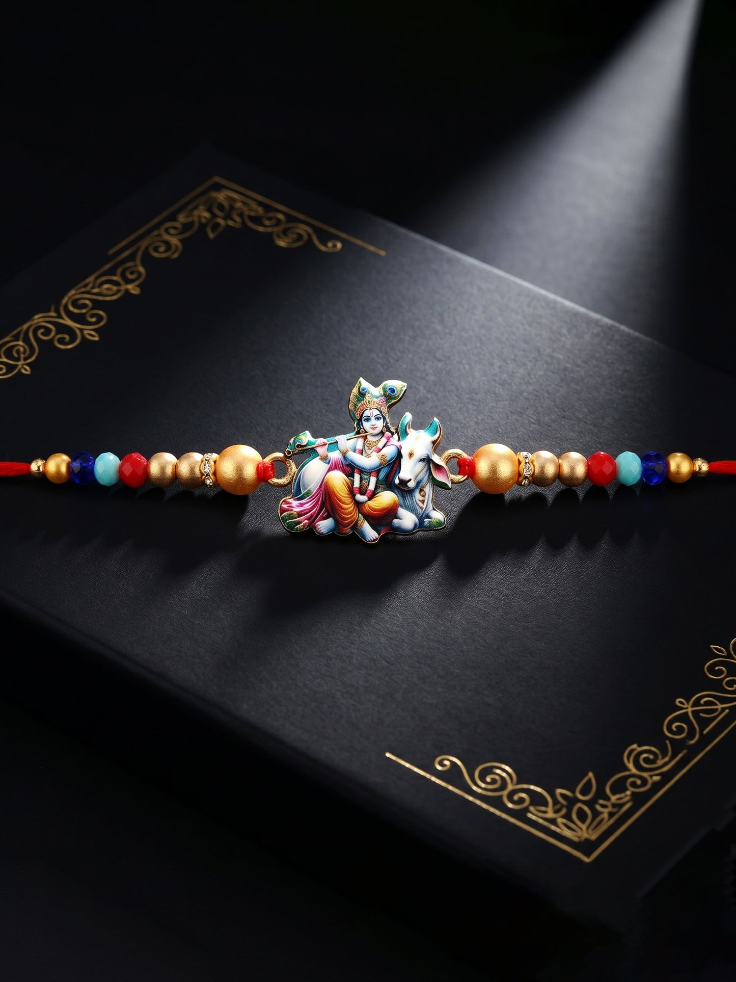 Religious Lord Krishna & Cow Designer Rakhi Set For Brother | Roli Chawal & Card (84-S5R1-GCS0322)