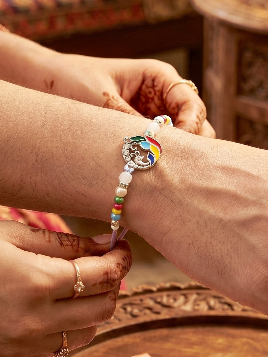 Traditional Silver-Tone Meenakari Peacock Beaded Rakhi For Brother With Roli Chawal & Card (102-S5R1-AR2786)