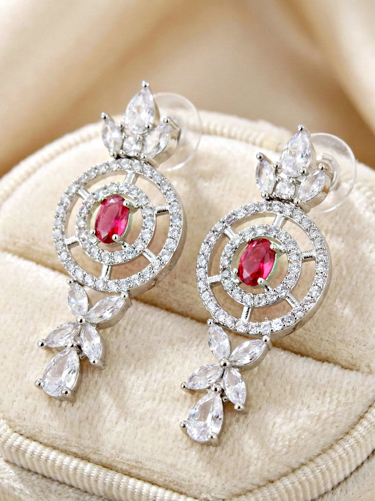 Silver-Tone Ruby Red Stone & American Diamond Necklace Set with Earrings for Women – Office, Party & Function Wear (1717-K4SA-2242-R-S)