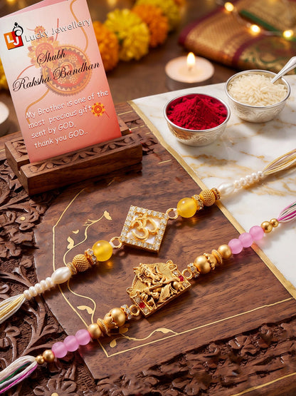 Lucky Jewellery Set of 2 Rakhi with Om & Ganesha Pendants, Pink & Smooth White Beads, Roli Chawal & Card (188-S7R1-2316-2)