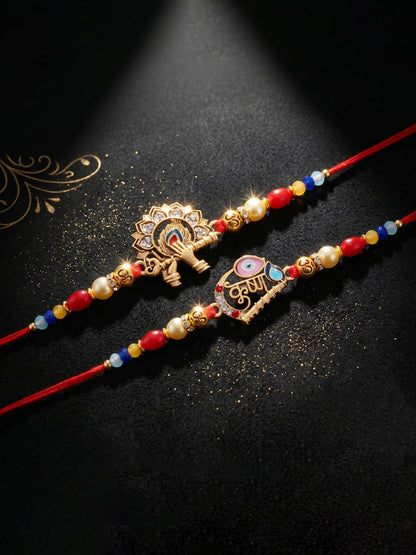Set of 5 Traditional Divine Rakhis for Bhai | Beaded Radha Krishna & Khatu Shyam Threads | Raksha Bandhan Gift Set with Roli, Chawal & Greeting Card (360-S5R1-2306-5)