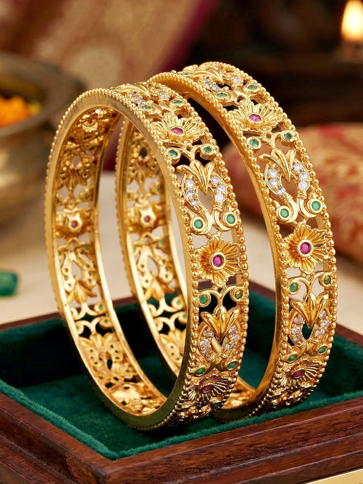 Gold-Plated Temple Floral AD Pink Green Bangle (816-C1BG-2204-2)