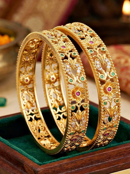 Gold-Plated Temple Floral AD Pink Green Bangle (816-C1BG-2204-2)