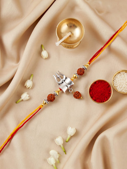 Oxidised Silver Shiva Trishul Rakhi for Bhai with Golden Beads, Roli, Chawal & Card (78-JPR1-1972-S-1-2026)
