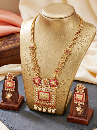Lucky Jewellery Gold-Plated Ruby Color Traditional Necklace Set (726-G2SR-197-R)