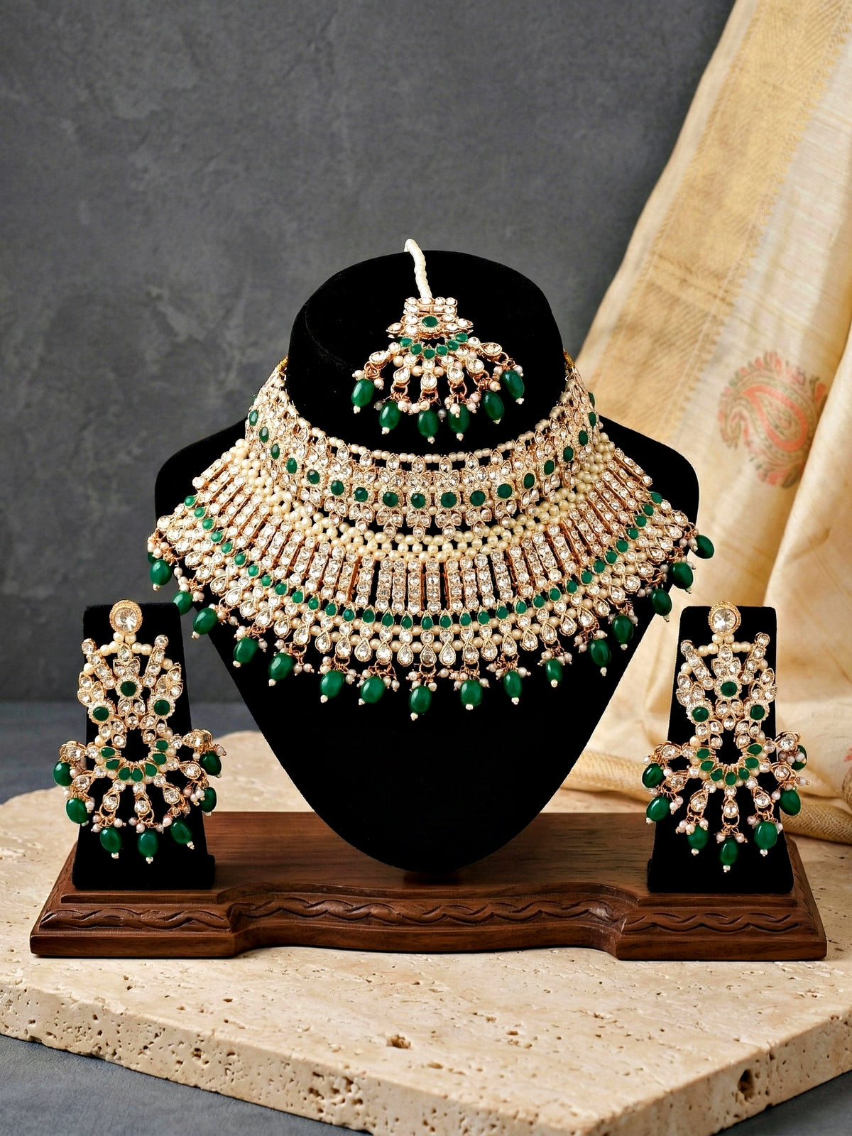 Rose Gold Plated AD Green Stone & Pearl Bridal Choker Jewellery Set with Maang Tikka (974-B5SP-007-G)
