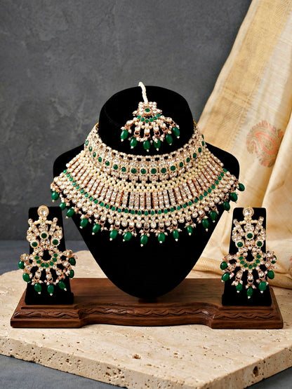 Rose Gold Plated AD Green Stone & Pearl Bridal Choker Jewellery Set with Maang Tikka (974-B5SP-007-G)