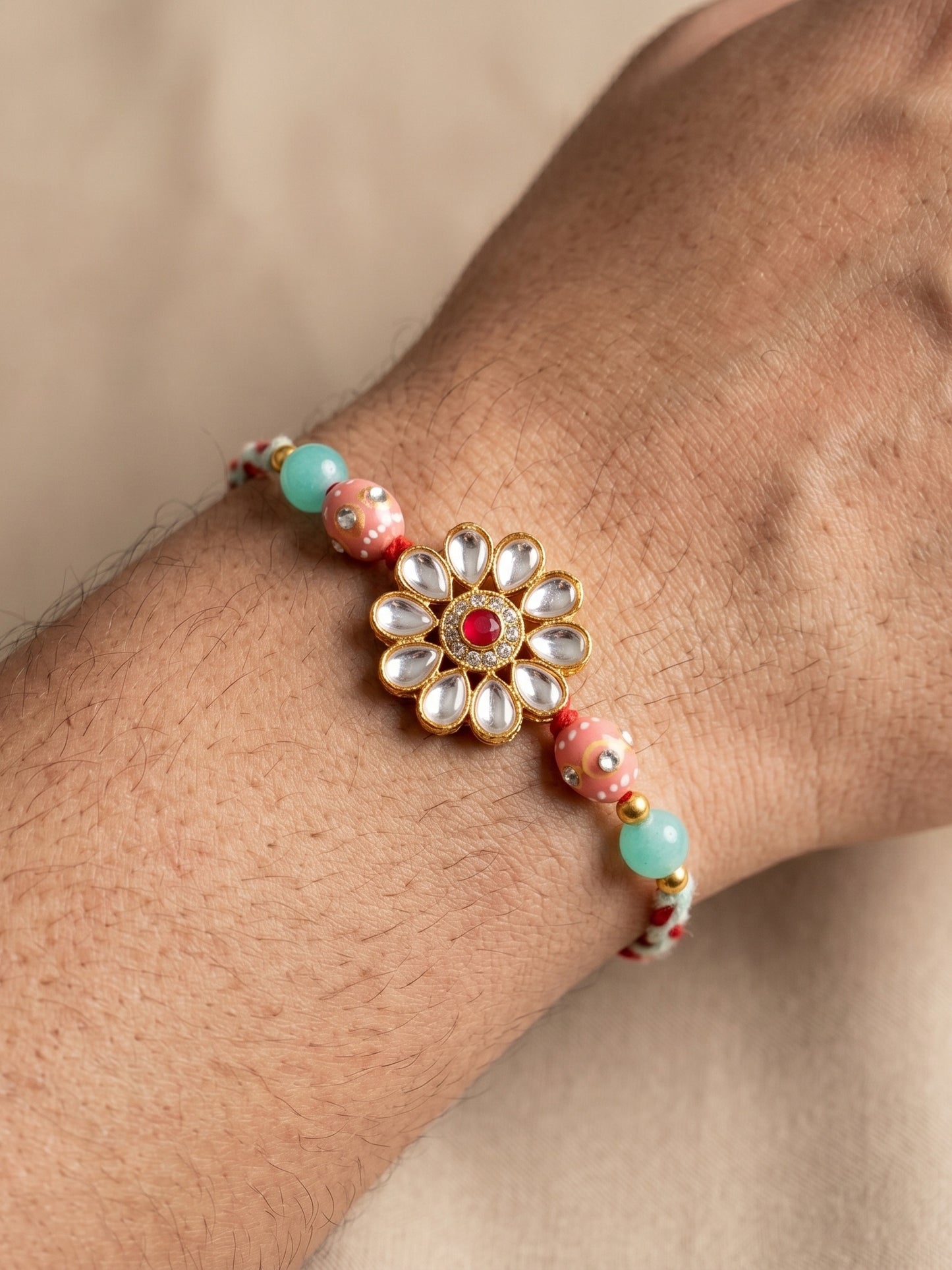 Set of 2 Bhaiya Bhabhi Kundan Rakhi Set with Floral Pendant, Hand-Painted Pink Beads, Roli Chawal (173-CHR1-1849-2-2026)