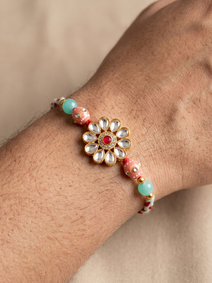 Set of 2 Bhaiya Bhabhi Kundan Rakhi Set with Floral Pendant, Hand-Painted Pink Beads, Roli Chawal (173-CHR1-1849-2-2026)