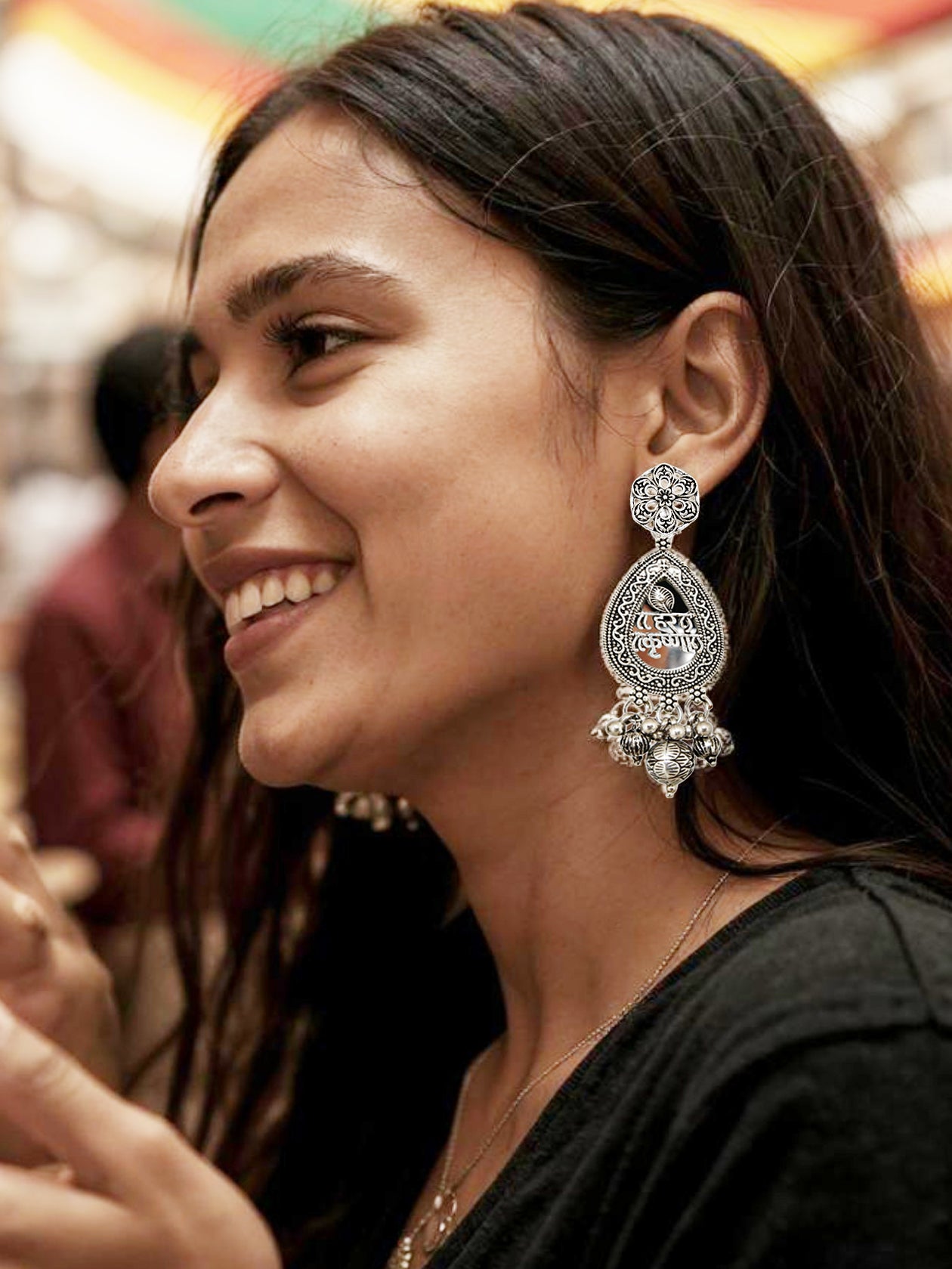 Oxidised Silver Plating Hare Krishna Temple Jewellery Necklace Set for Women & Girls