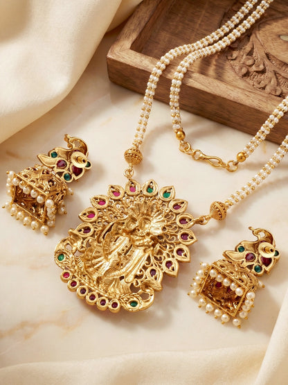 Premium Traditional Antique Matte Gold Plated Radha Krishna Temple Jewelry Long Pearl Chain Necklace Set with Peacock Design Jhumka Earrings for Women & Girls (1898-ISR-2183-RG)
