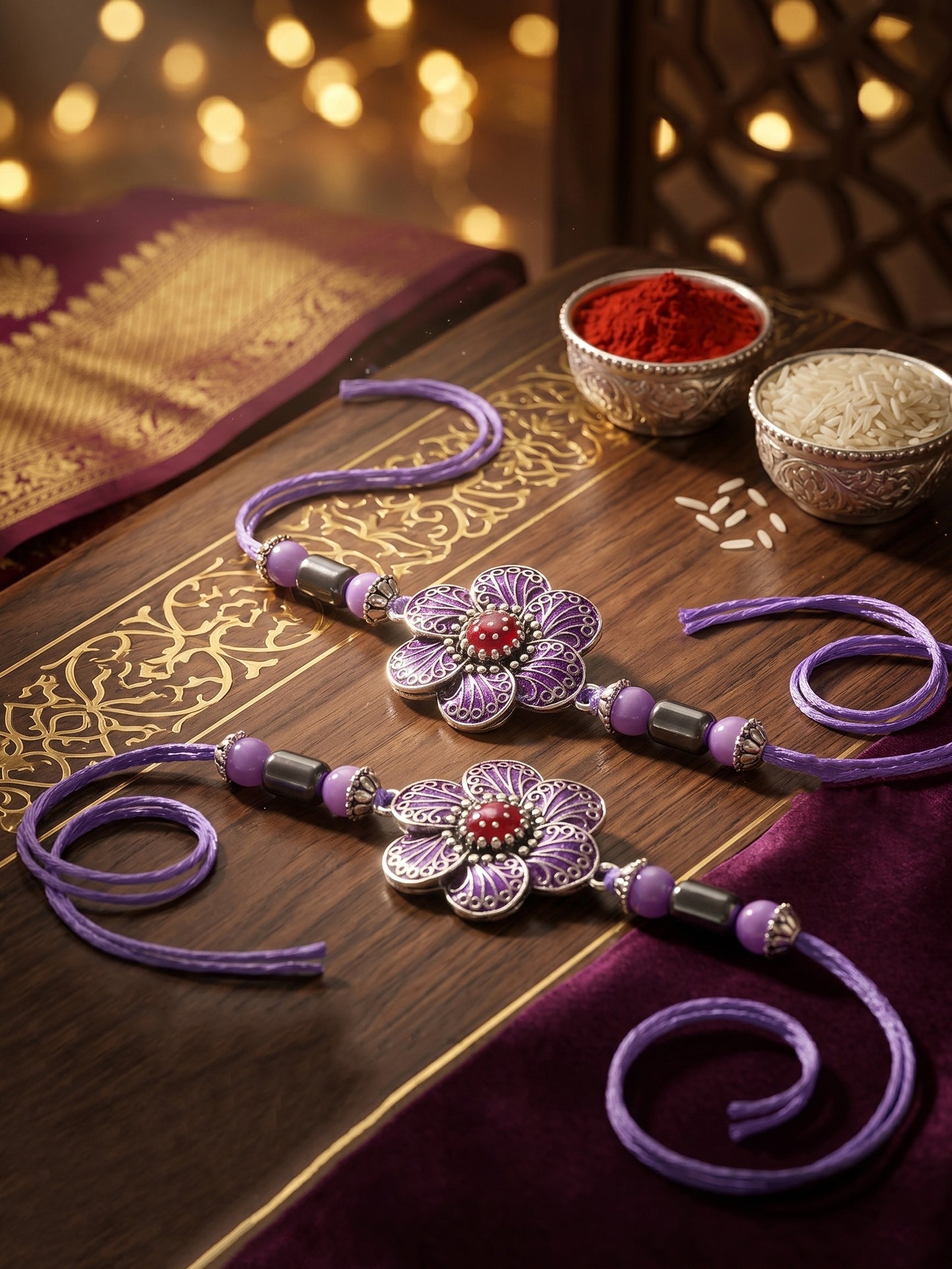Set of 2 Purple Floral Rakhi for Brother with Silver Accents, Lavender Beads, Roli & Chawal & Card (106-CHR1-1967-P-S-2-2026)