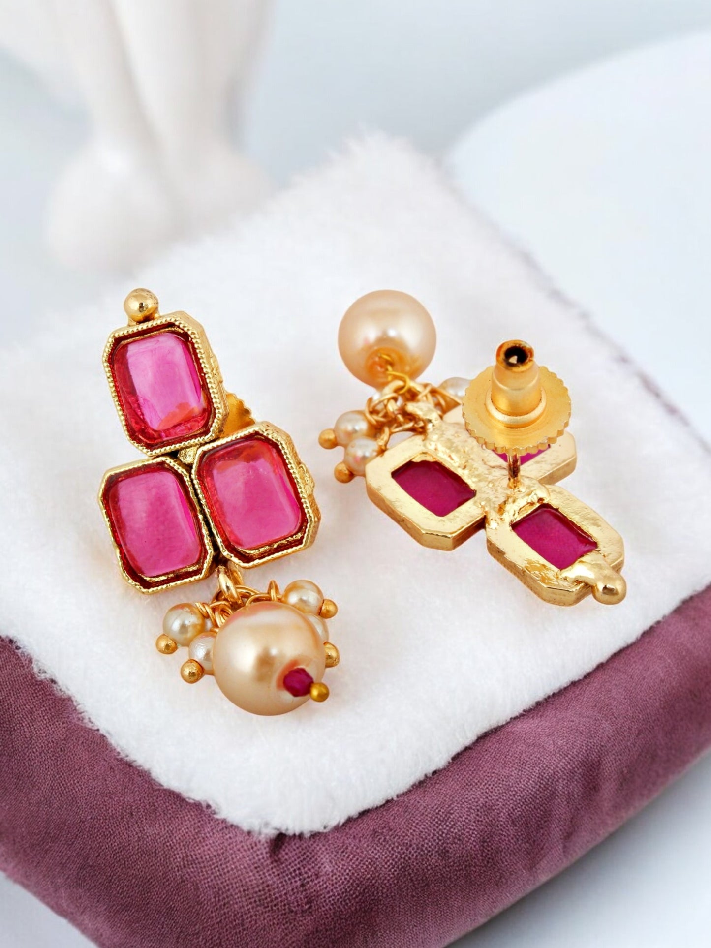Gold Plated Magenta Color Choker Necklace Set with Earrings for Women & Girls