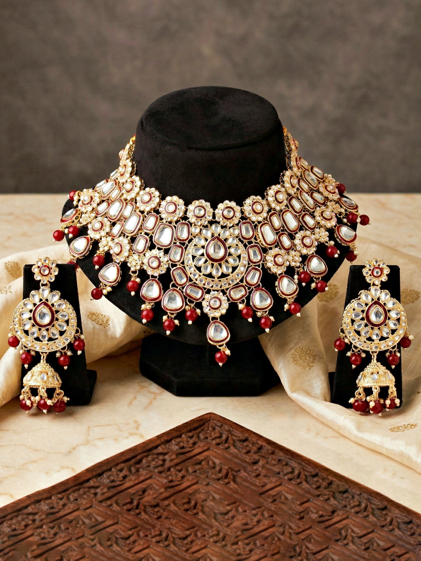 Bridal Kundan Maroon Choker Jewellery Set with Hathphool & Nath (2541-IZK-554-M)