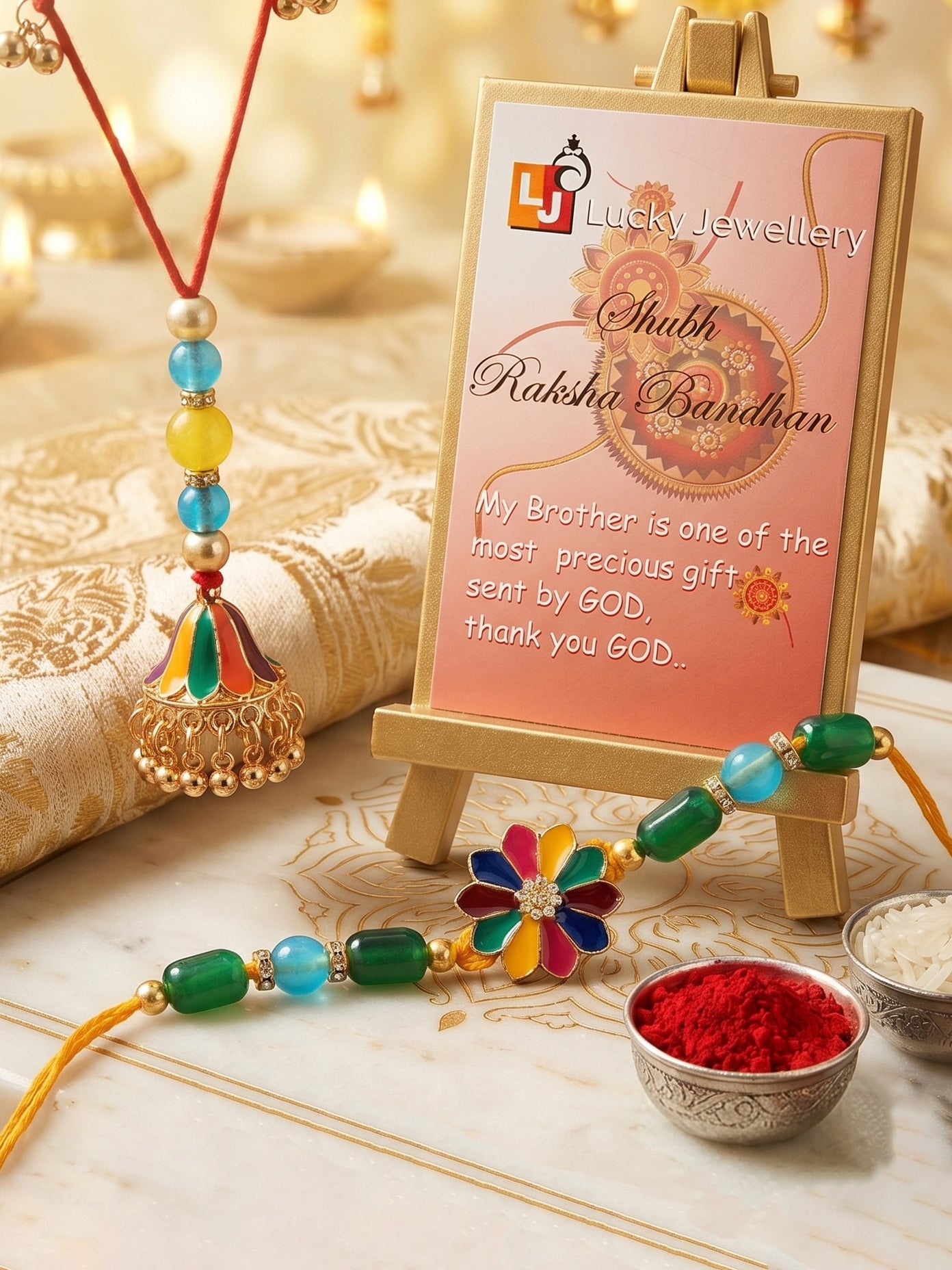 Set of 2 Bhaiya Bhabhi Rakhi Set with Floral Centerpiece & Jhumka Lumba, Roli Chawal & Card (240-CHCR1-1146-MT-2-2026)