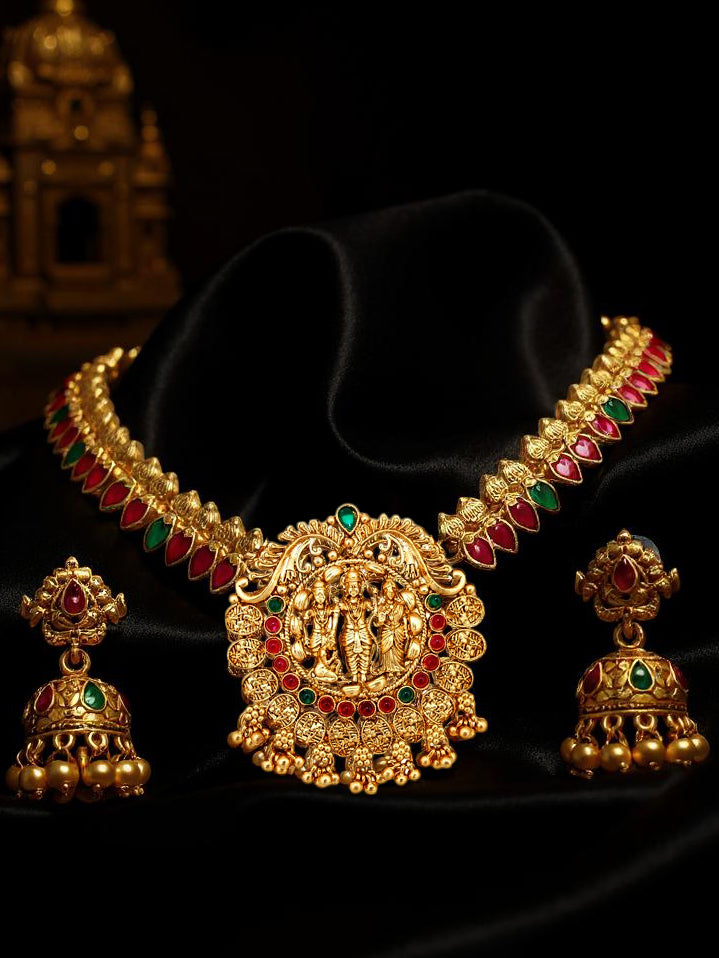 Traditional Temple Jewellery Lord Ram Darbar Necklace with Jhumki Earrings