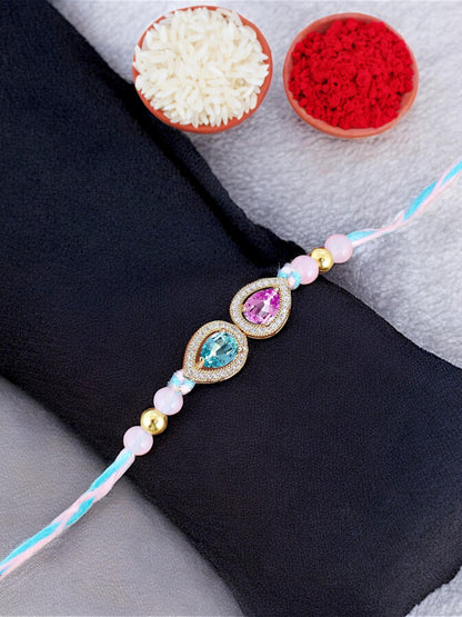 Lucky Jewellery Designer Pink & Turquoise Color Stone Rakhi - Rakshabandhan Pearl Rakhee Bracelet for Brother/Bhaiya/Bhai/Bhabhi - Pack of 1 (176-CHR1-1279-PKF-1)