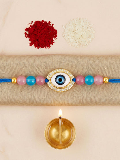 Evil Eye Rakhi for Brother. Protective Charm with Pink & Blue Beads, Roli, Chawal & Card (265-CHR1-1191-F-1-2026)