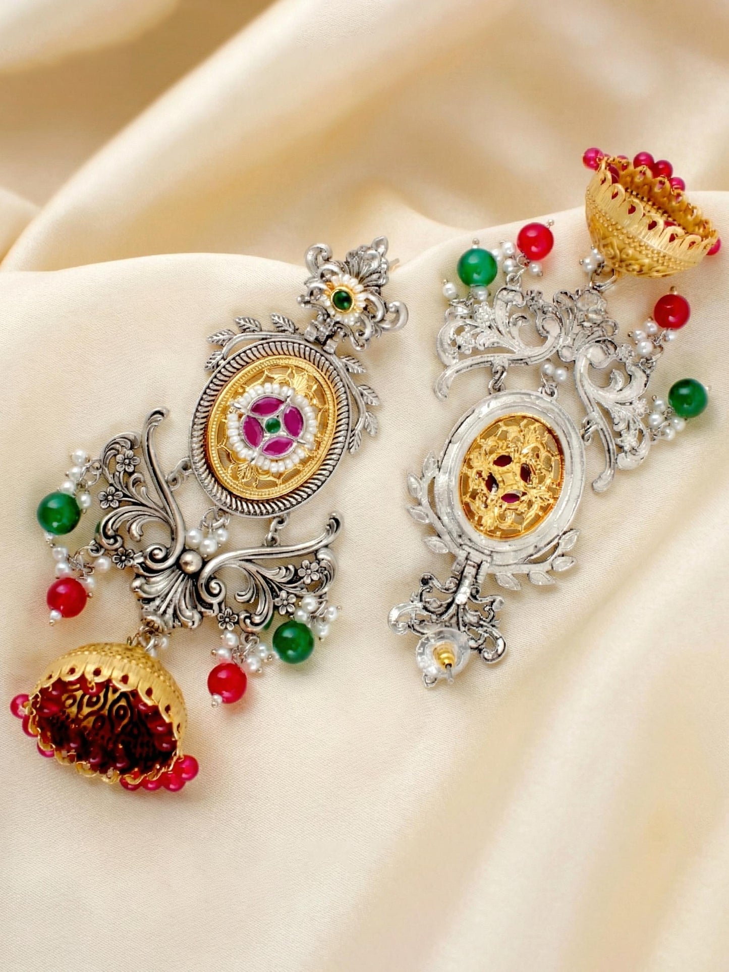 LUCKY JEWELLERY Oxidised Silver & Gold Traditional Jhumka with Ruby & Green Beads Earrings For Girls & Women| Kashmiri Style jhumkee Earing Set | Birthday Gift Earrings Valentine Anniversary Gift