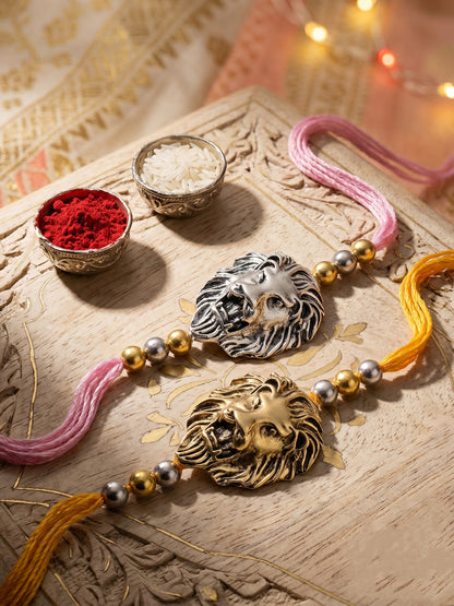 Lion Face Rakhi Set of 2 for Brothers With Metallic Gold & Silver Charm with Beaded, Roli, Chawal (250-CHR1-1175-2-2026)