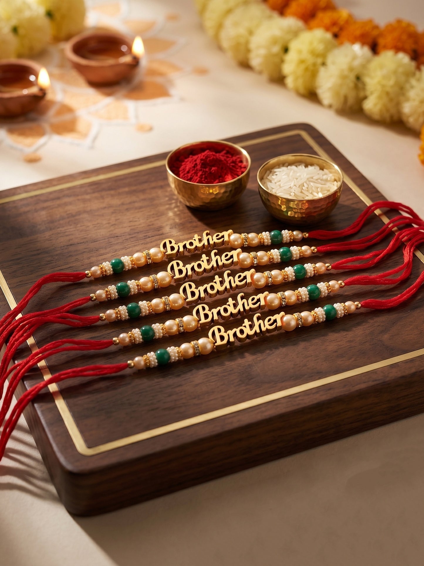 Set of 5 Brother Pendant Rakhi with Green & Smooth White Beads, Roli Chawal & Card (120-CHR1-1964-5-2026)