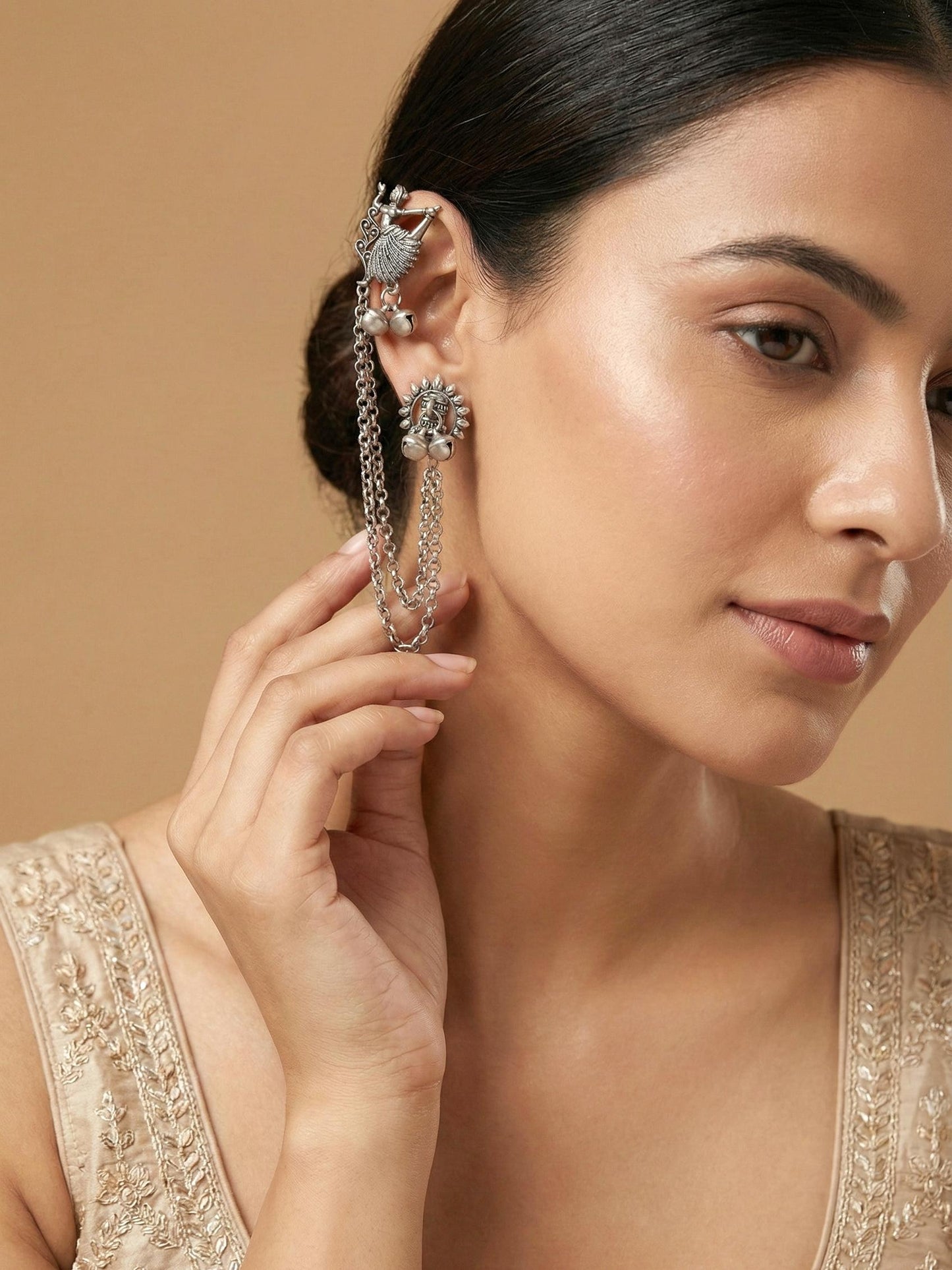 Oxidised Silver Tribal Dancer Ear Cuff with Ghungroo Chain Earrings For Girls & Women (258-KK2O-10672)