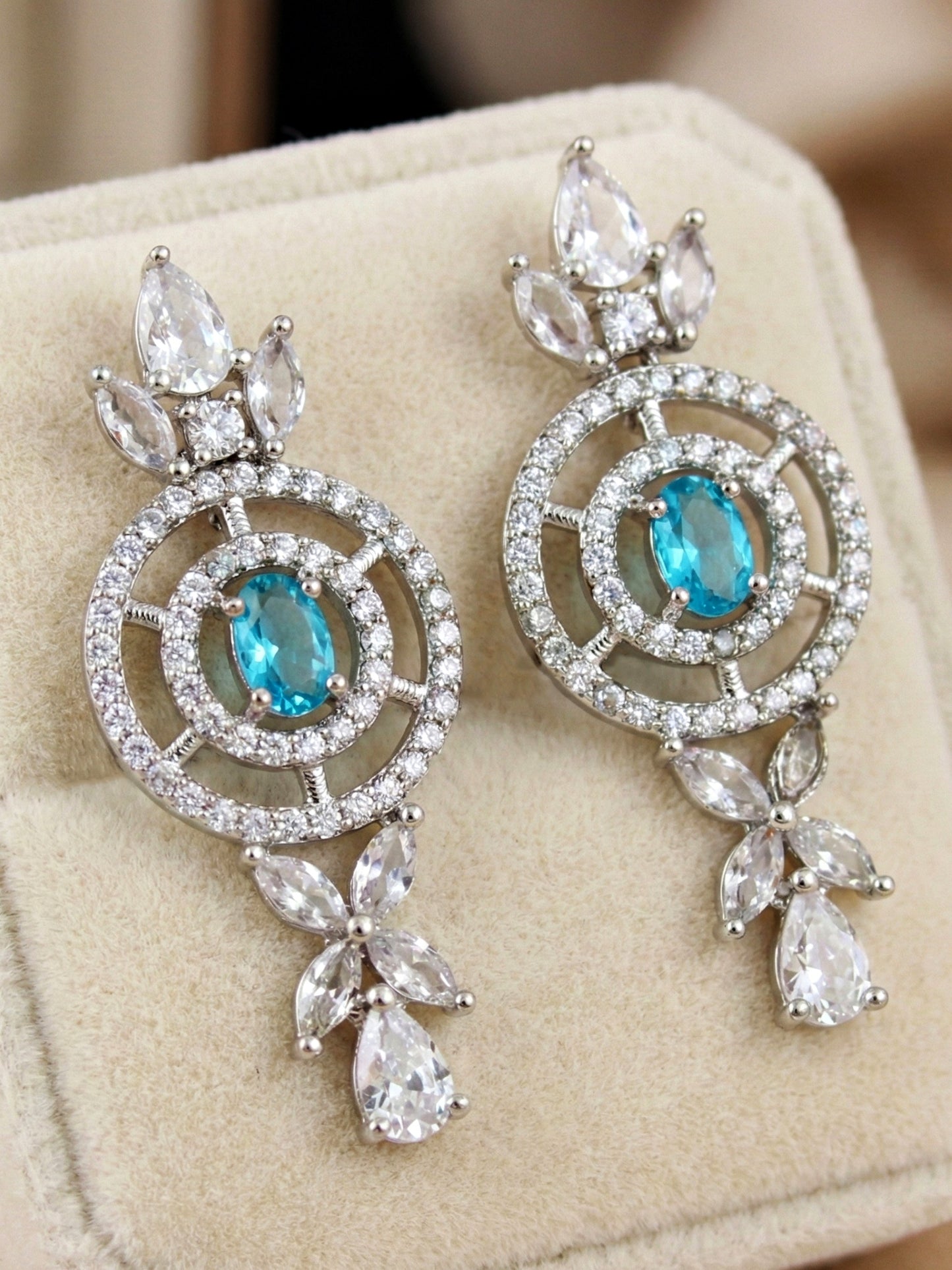 Silver-Tone Ferozi (Turquoise) Stone & American Diamond Necklace Set with Earrings for Women – Office, Party & Function Wear (1717-K4SA-2242-F-S)