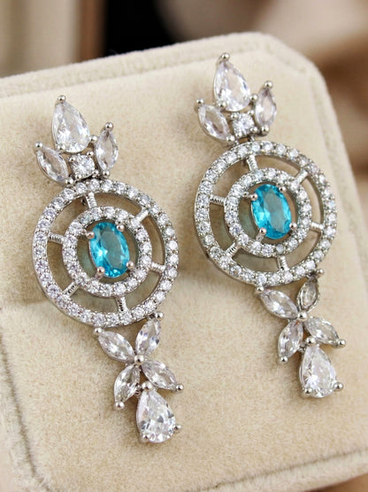 Silver-Tone Ferozi (Turquoise) Stone & American Diamond Necklace Set with Earrings for Women – Office, Party & Function Wear (1717-K4SA-2242-F-S)