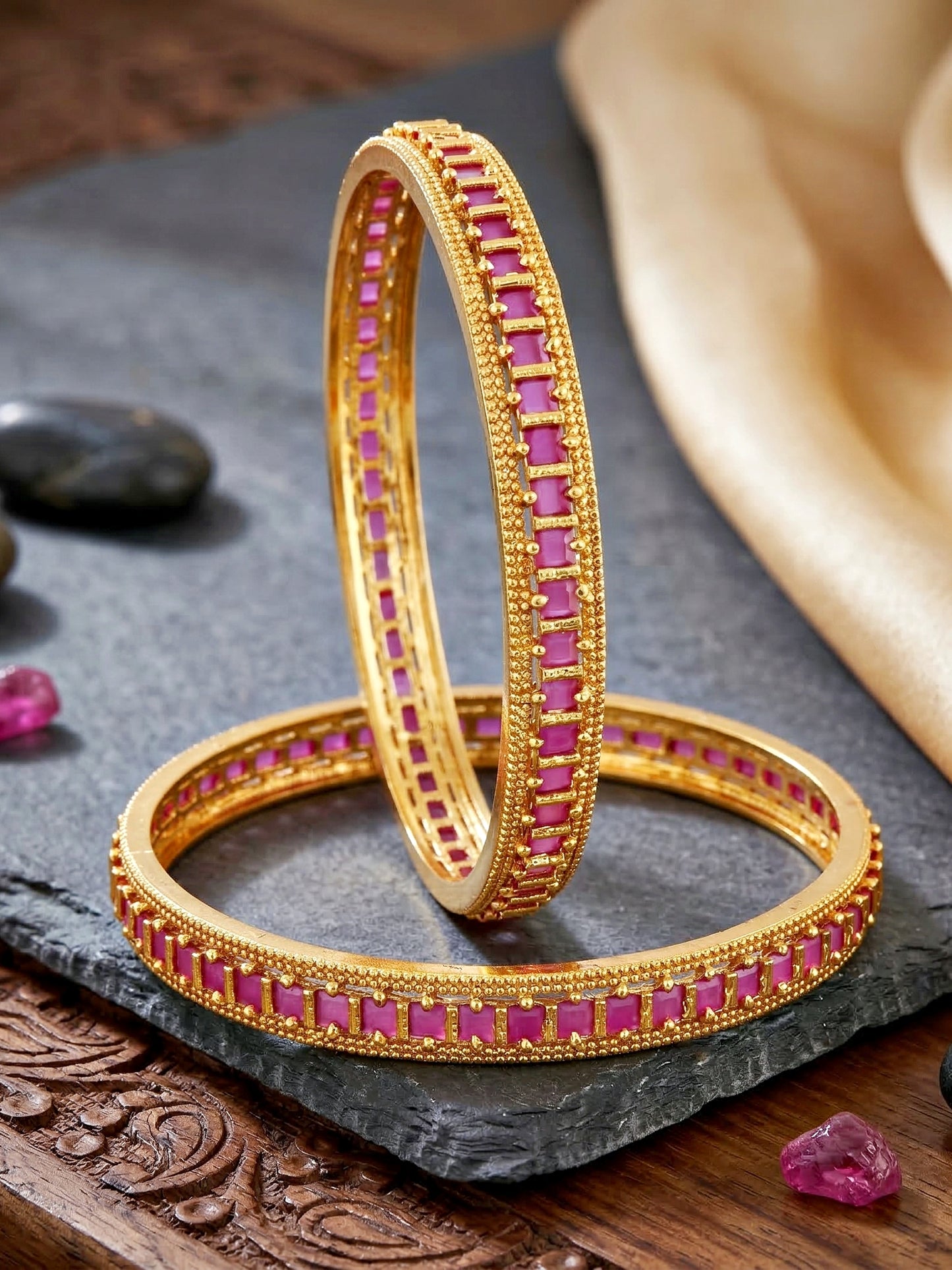 Gold-Plated Temple Magenta Stone Bangle (945-C1BG-2212-2)