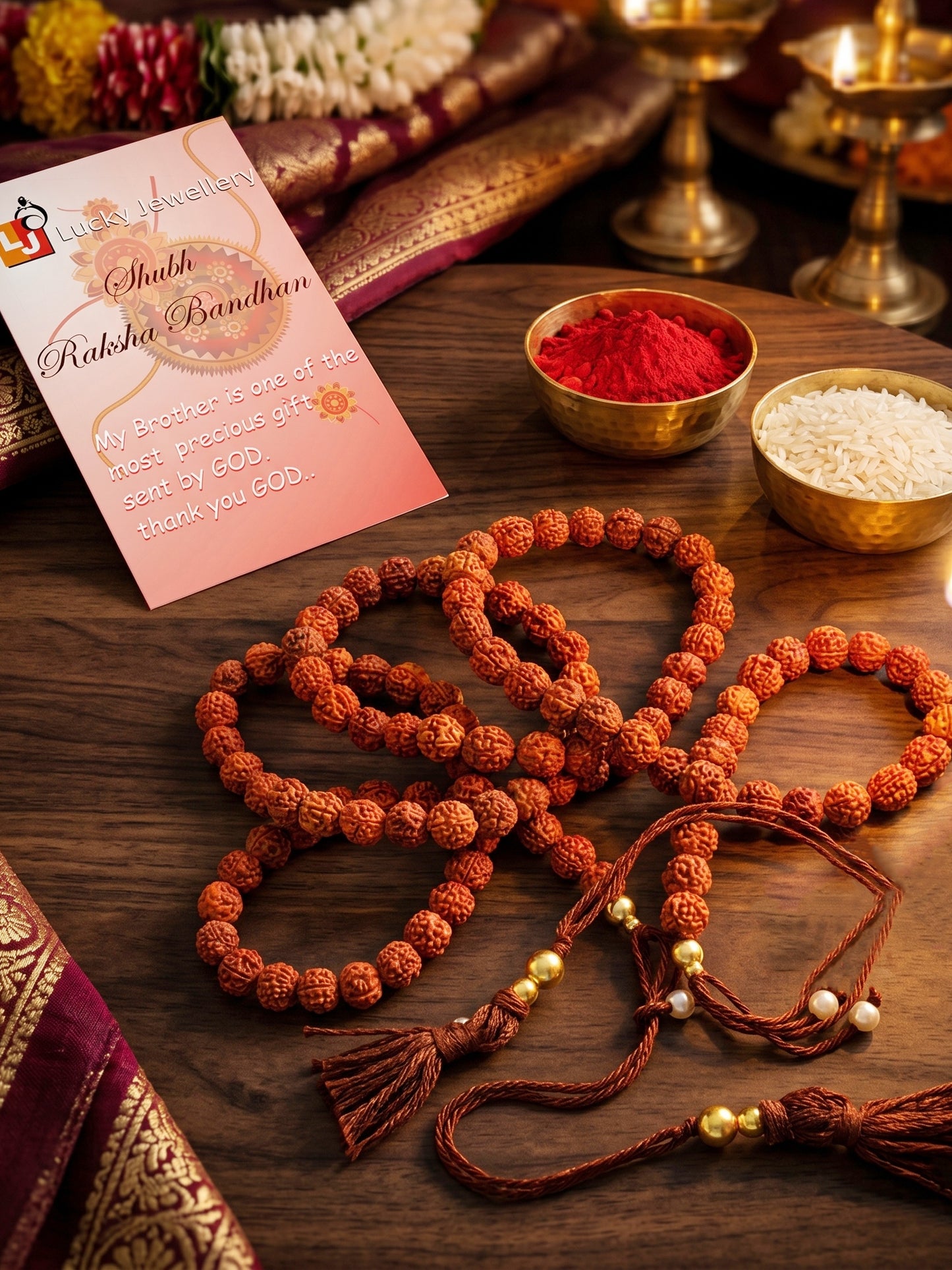Traditional Rudraksha Rakhi for Brother. Spiritual Bead with Tassels, Roli, Chawal & Card (528-RRR1-1989-1-2026)