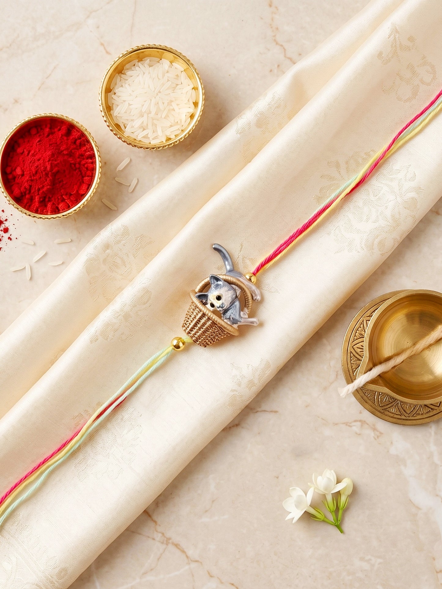 Kids Cute Kitten in Basket Rakhi for Brother with Metallic Beads, Roli Chawal & Card (225-CHR1-1314-1-2026)